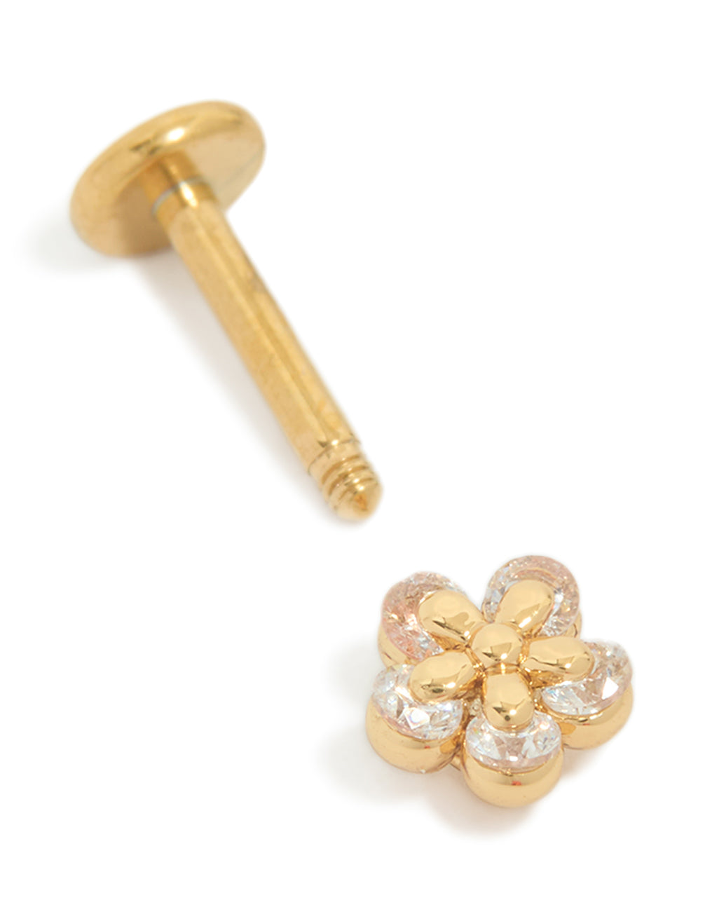 Featuring dainty cubic zirconia layered flower single flat back stud with titanium construction in gold plated finish and clear gemstones front view