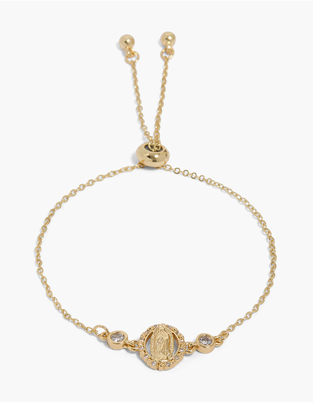 Showcasing a gold plated dainty cubic zirconia Mary toggle bracelet with and crystal accents front view