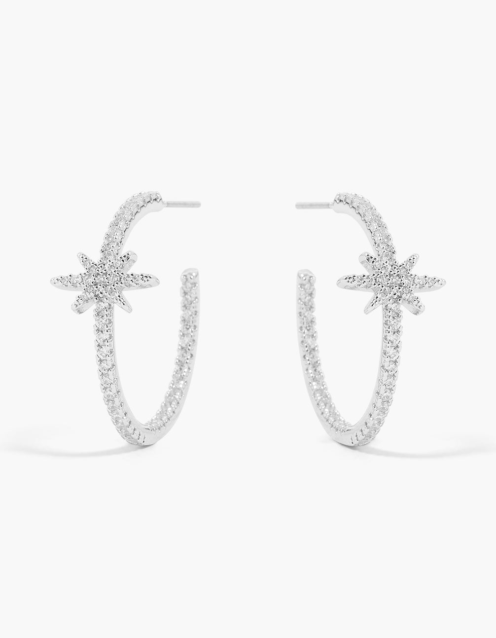 Silver Cubic Zirconia Pavé Large Star Hoop Earrings
