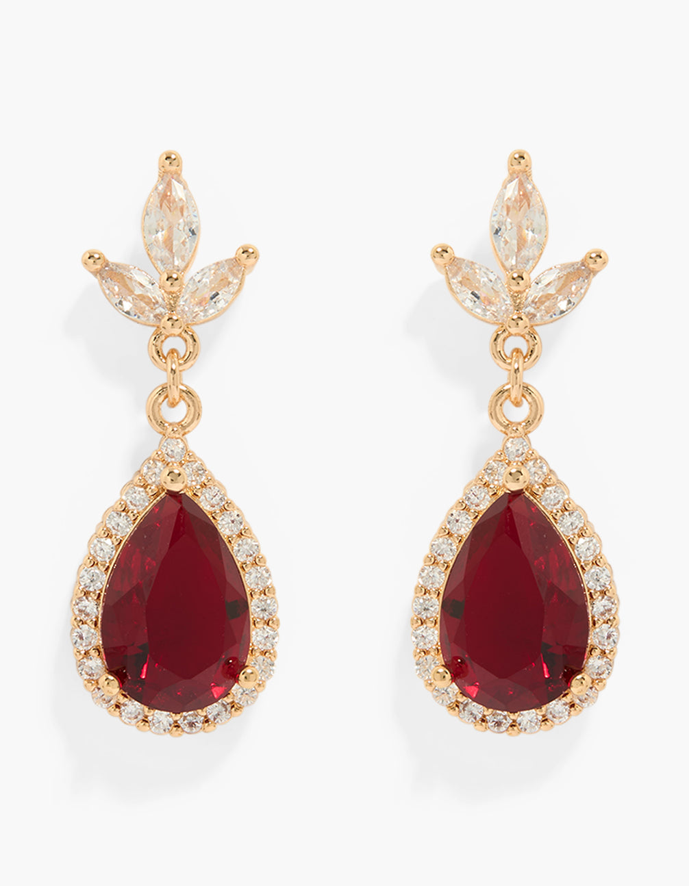Gold Red Cubic Zirconia Floral Pear Drop Earrings