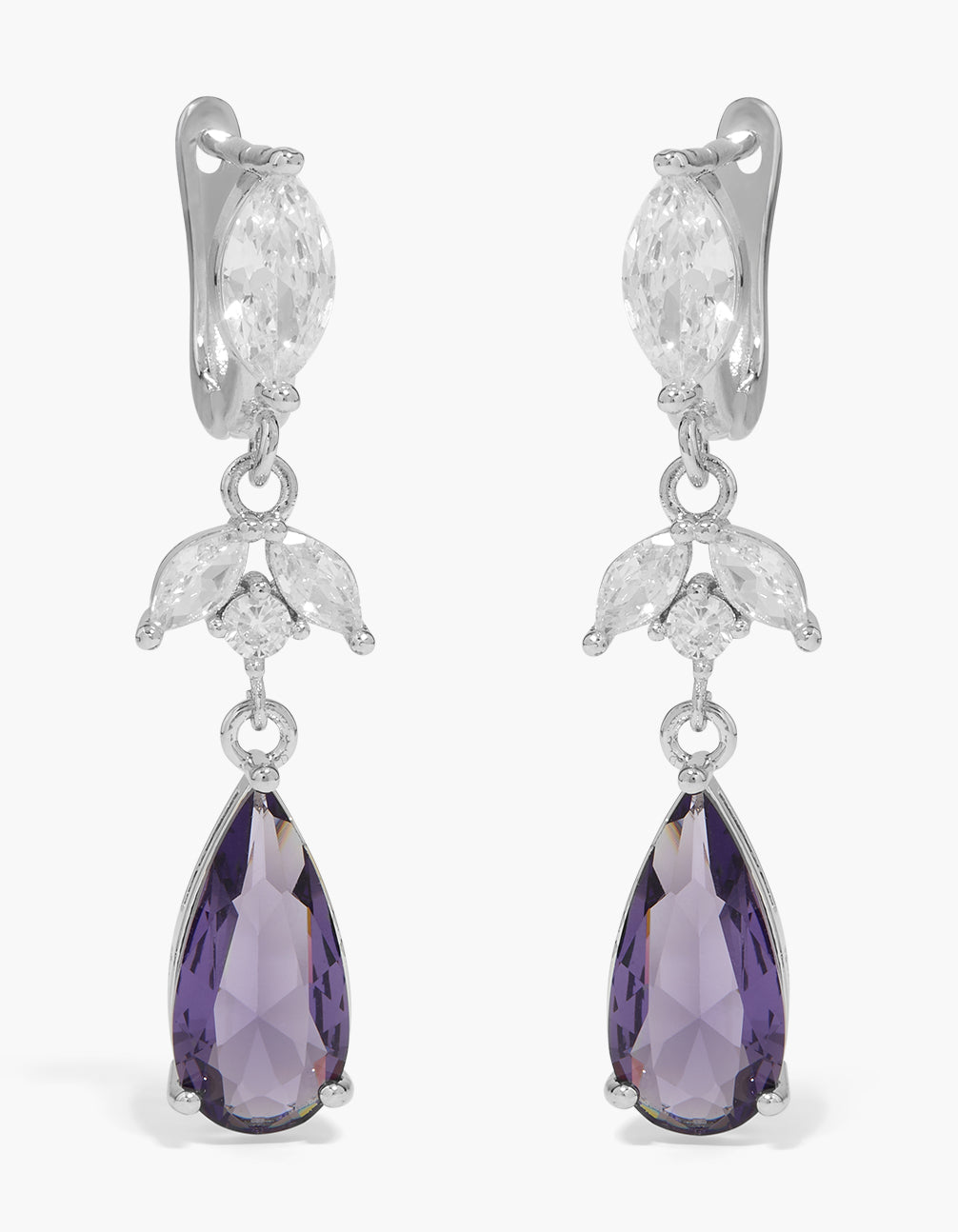 Silver Purple Cubic Zirconia Floral Pear Drop Earrings
