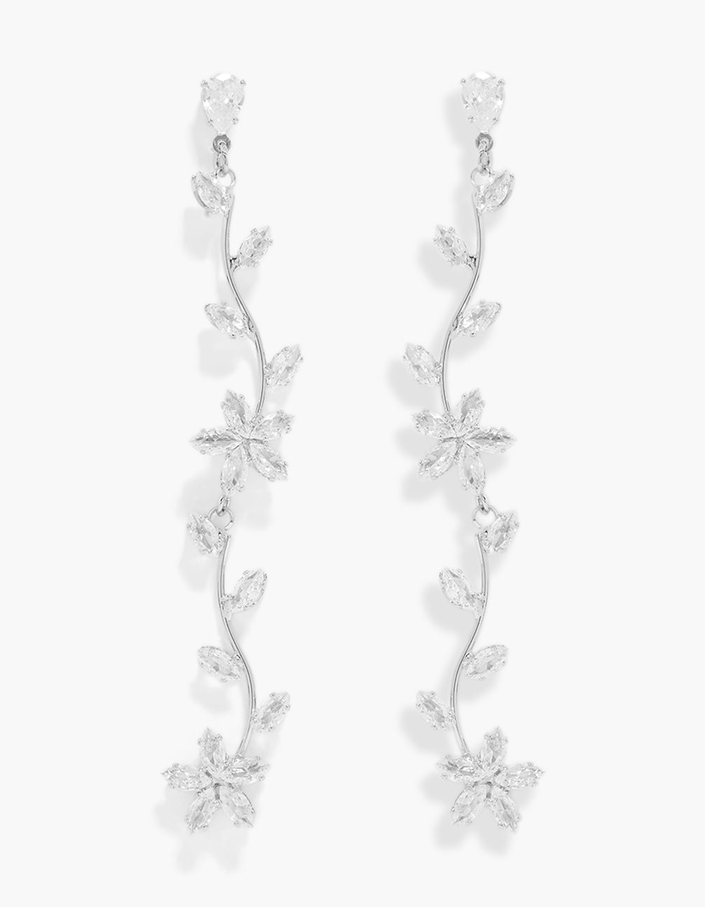 Silver Cubic Zirconia Flower Vine Statement Earrings
