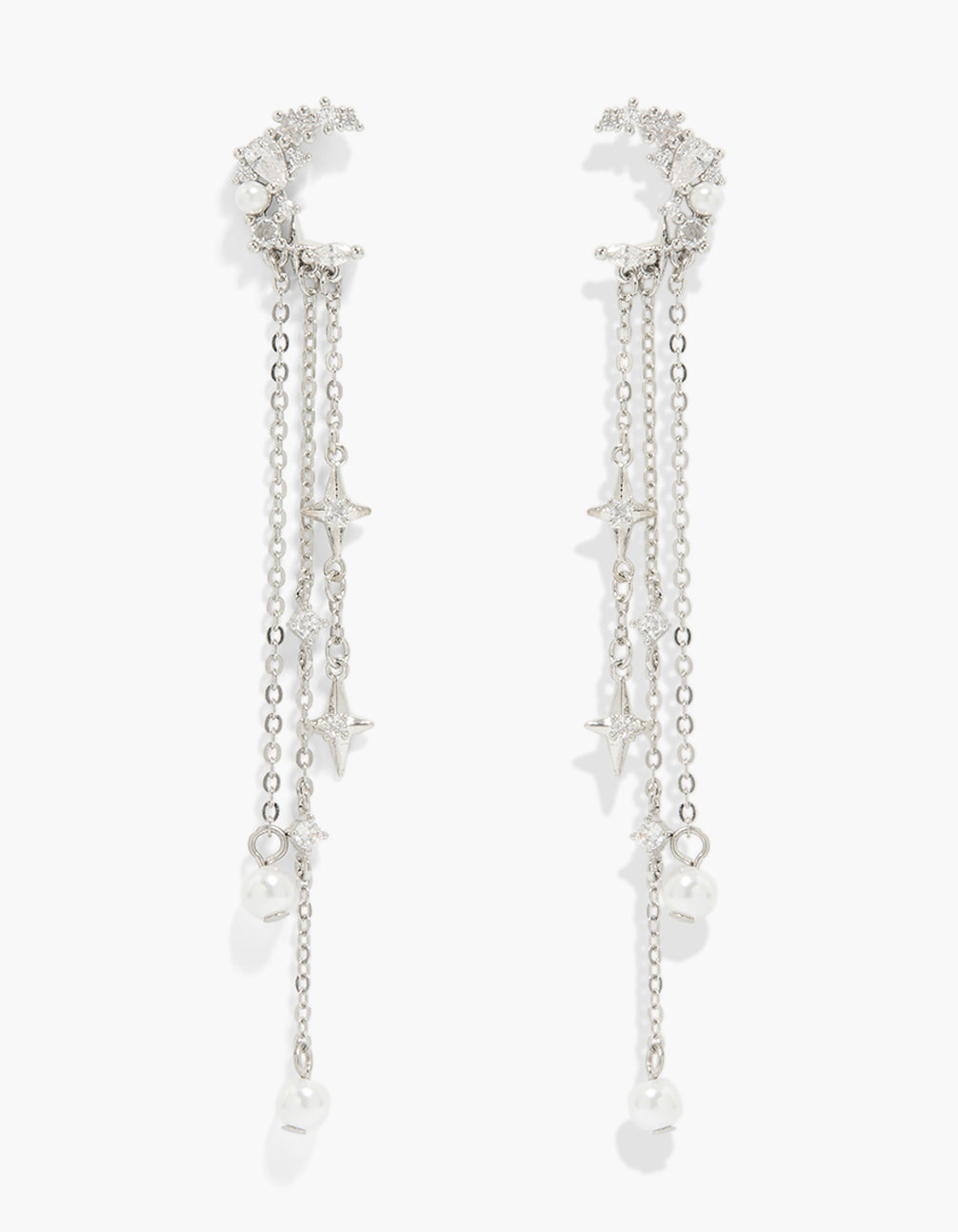 Silver Pearl & Cubic Zirconia Moon Drop Earrings
