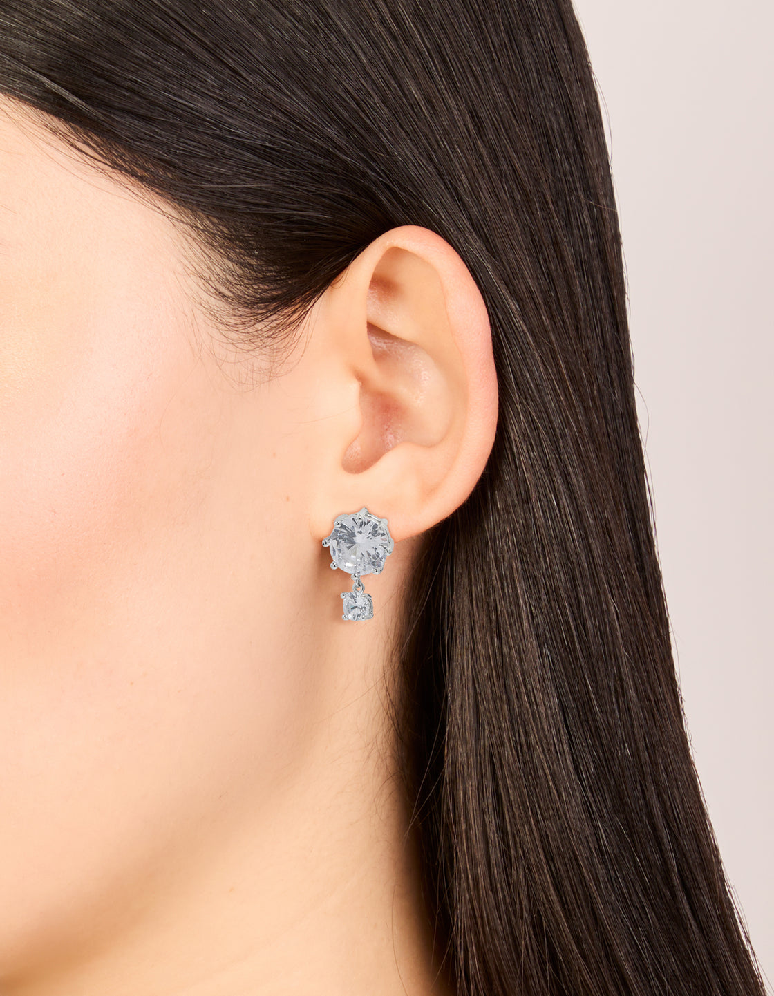 Silver Cubic Zirconia Double Circle Drop Earrings
