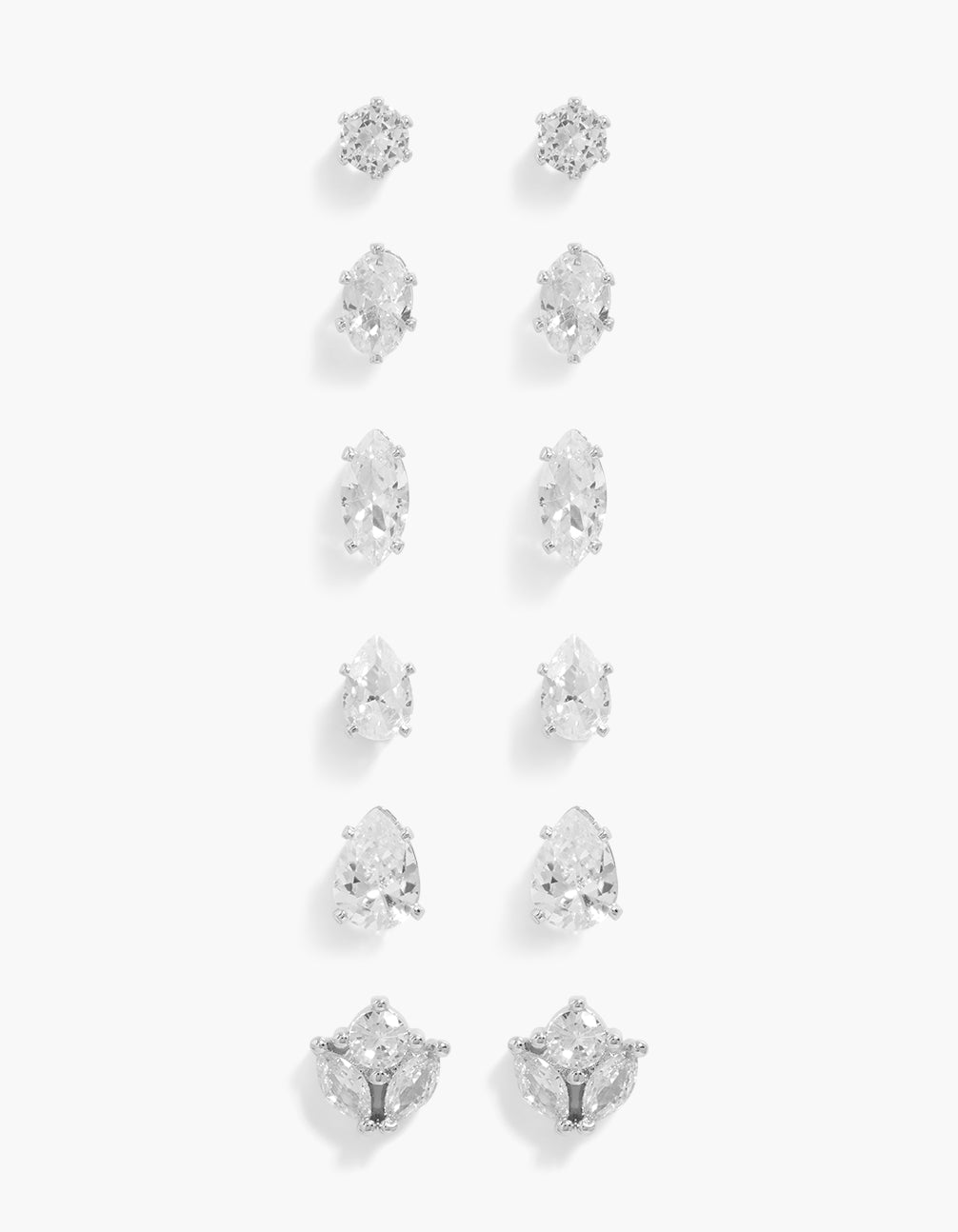 Silver Classic Cubic Zirconia Stud  Earrings 6-Pack