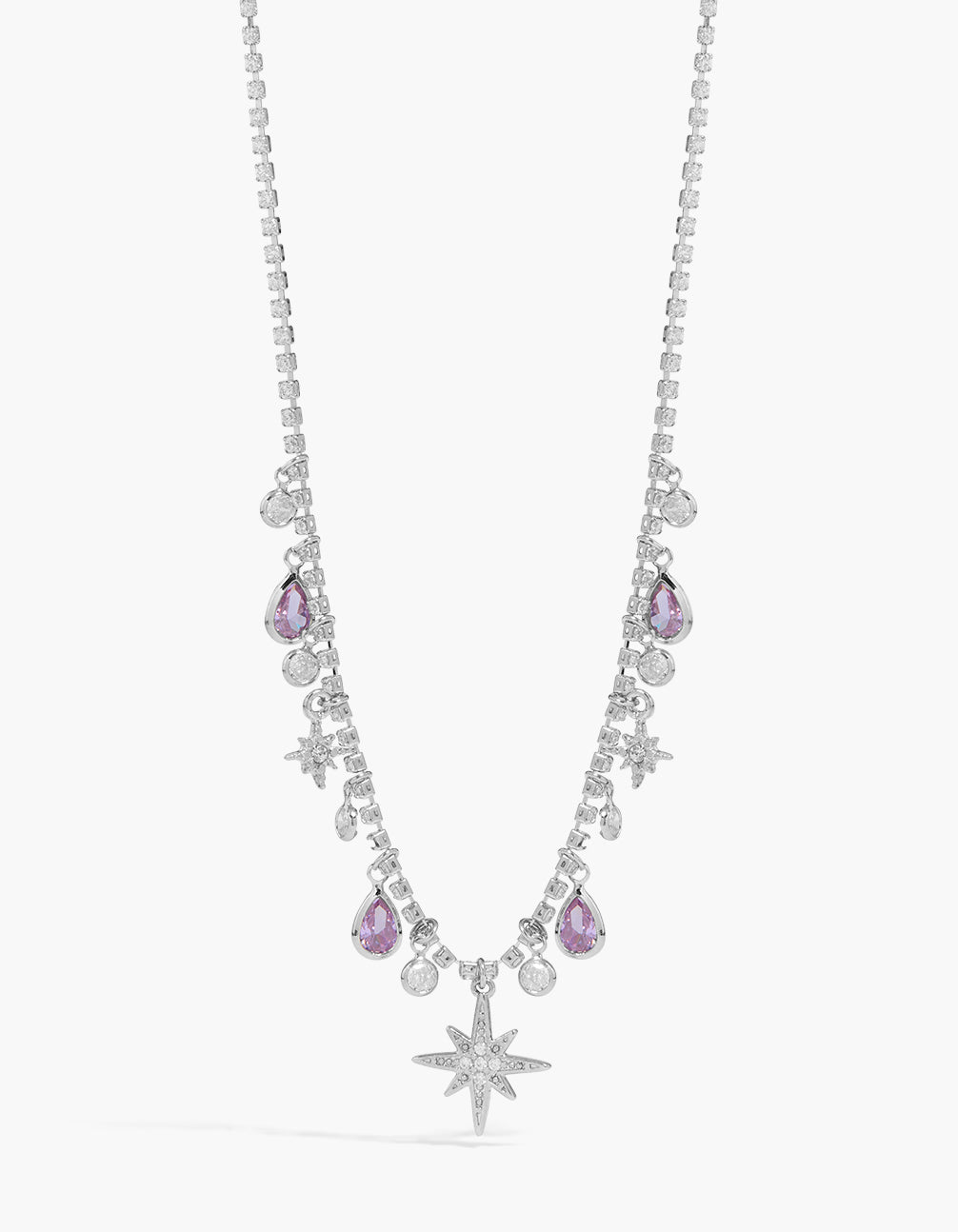 Silver Lilac Cubic Zirconia Teardrops & Star Charms Necklace
