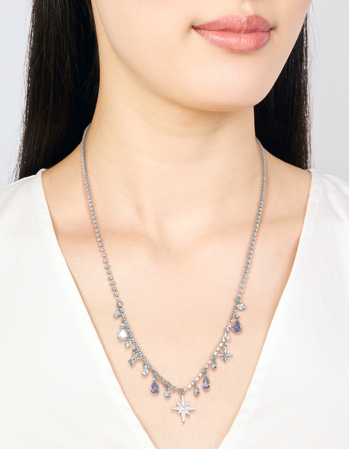 Silver Lilac Cubic Zirconia Teardrops & Star Charms Necklace