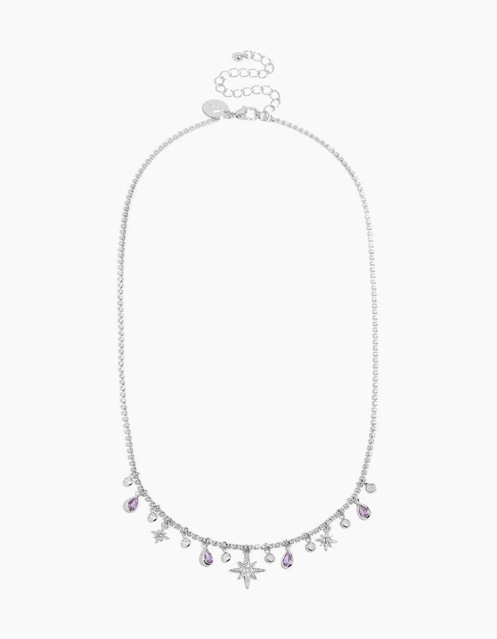 Silver Lilac Cubic Zirconia Teardrops & Star Charms Necklace