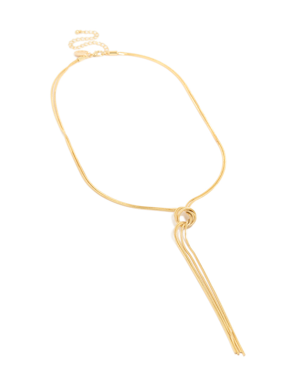Showcasing a gold plated layered knot Y-necklace in a front view