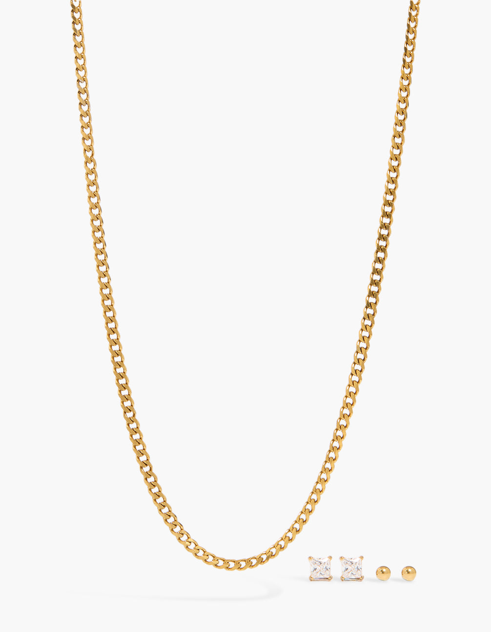Mens Waterproof Gold Plated Stainless Steel Cubic Zirconia Earrings & Necklace Set