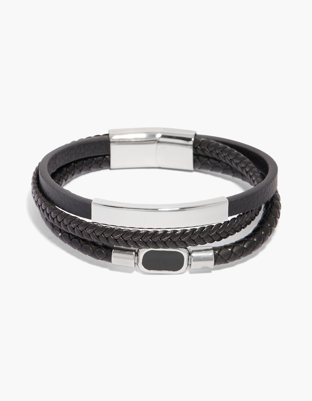Showcasing a mens waterproof layered bracelet with bar design, crafted from stainless steel cord and enamel in black and silver front view