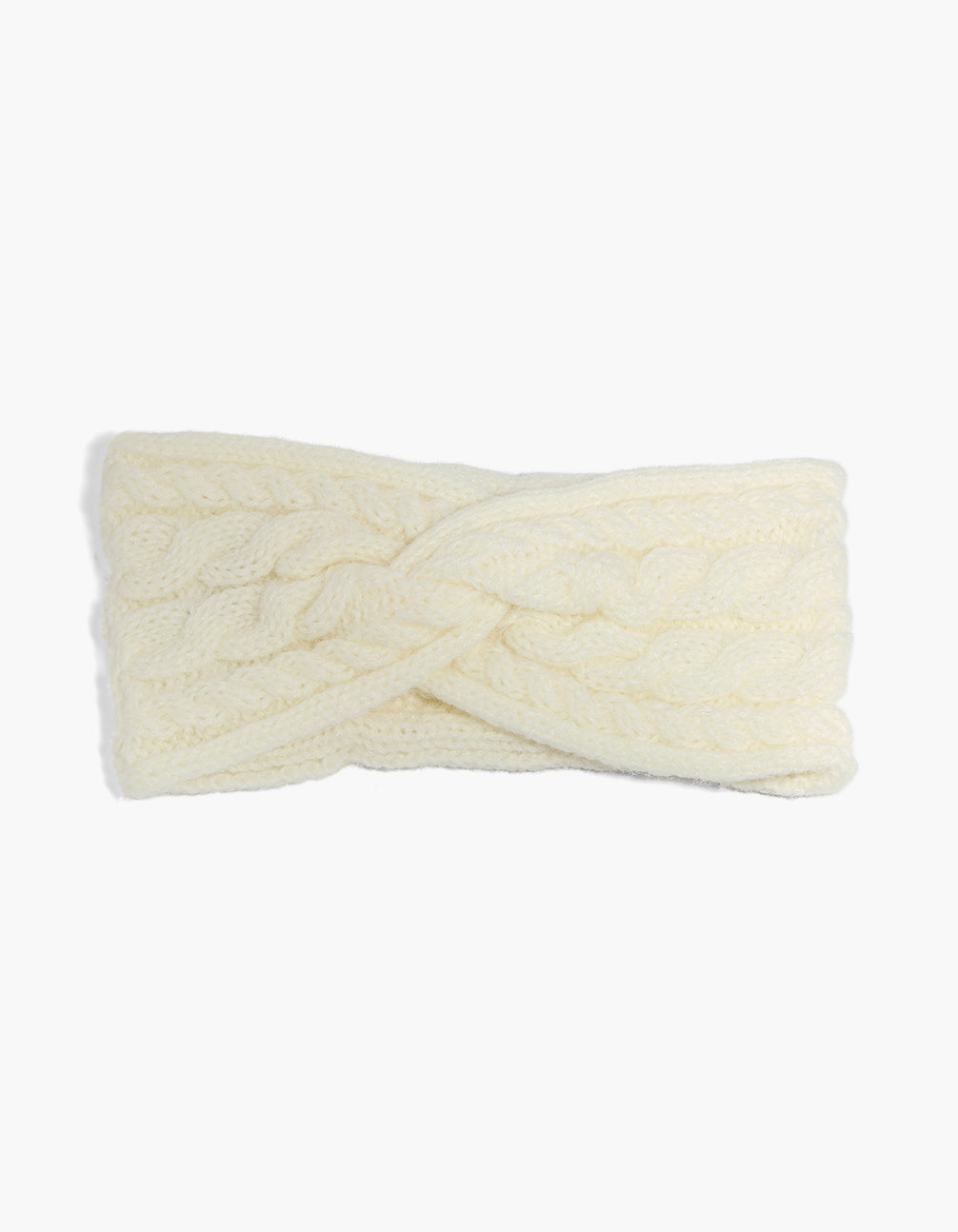 Showcasing a ivory ribbed cable stretch headband in solid print front view