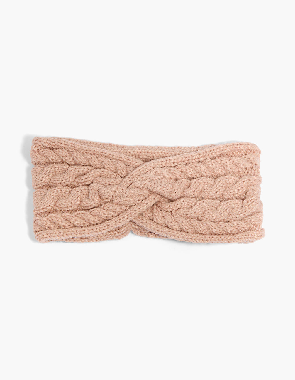 Showcasing a blush pink ribbed cable stretch headband in solid rosy brown front view
