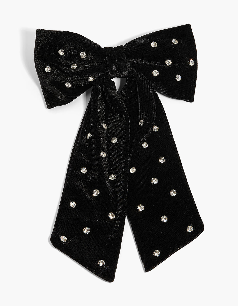 Elegant black velvet bow clip with diamante studding in silver and statement styling front view