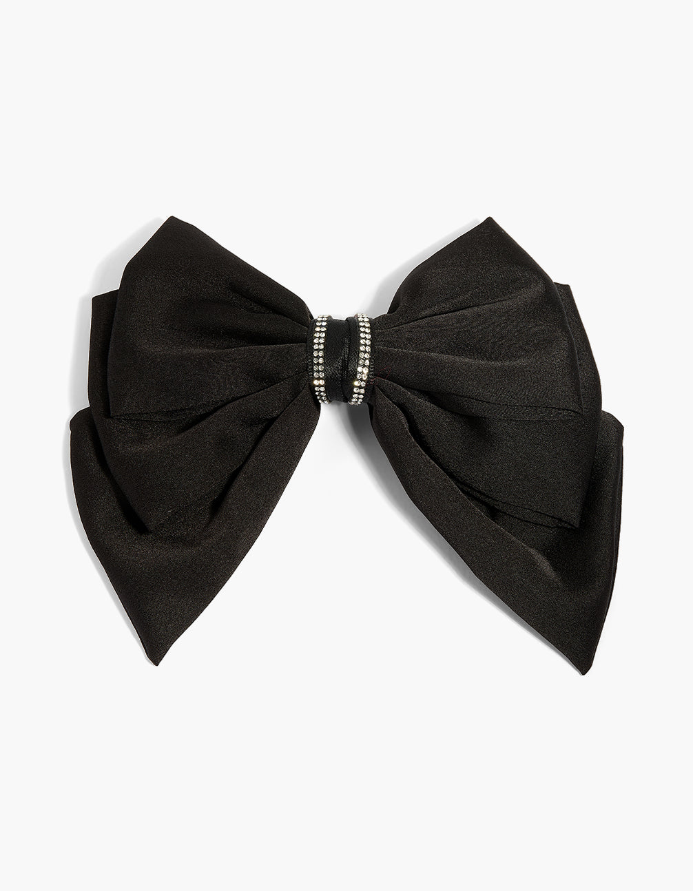 Elegant fabric bow clip featuring diamante embellishment in solid black and silver tones front view
