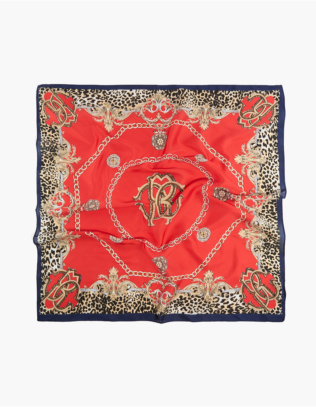 Beautifully crafted statement scarf in red and leopard print with chain details featuring navy, and gold accents front view