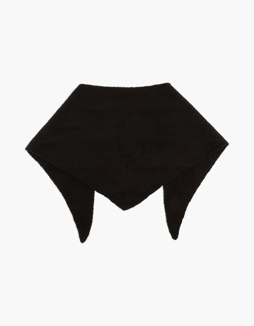 Showcasing a black knitted triangular scarf with solid print front view