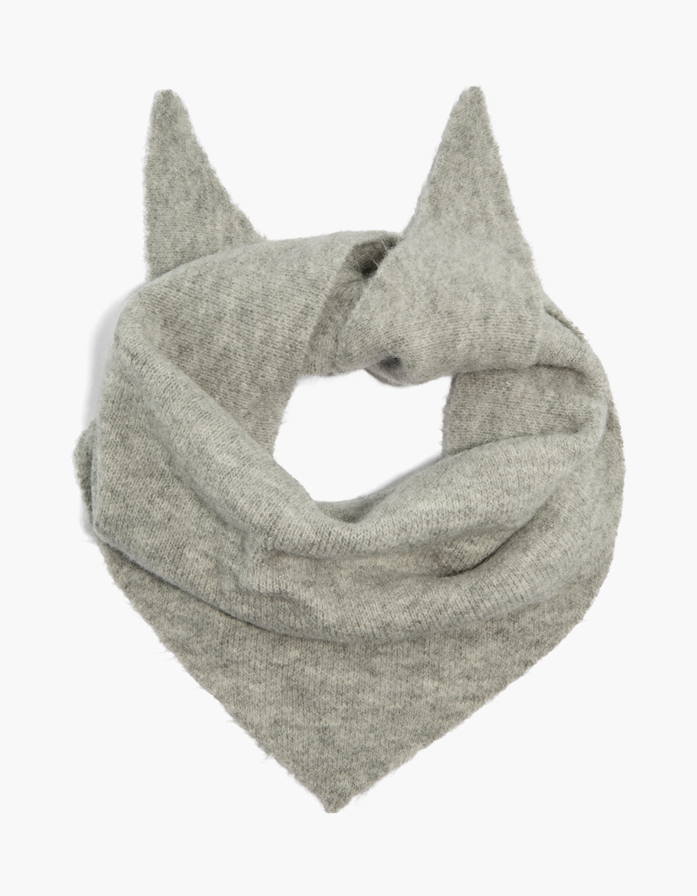 Featuring a grey knitted triangular scarf in solid print front view