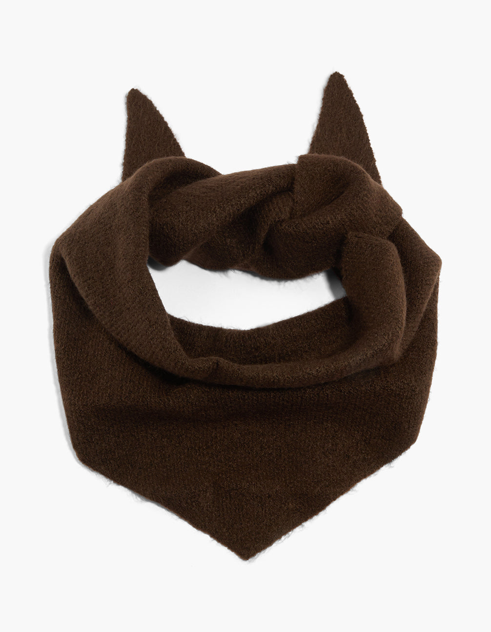 Stylish chocolate brown knitted triangular scarf in solid print with saddle tones detail view