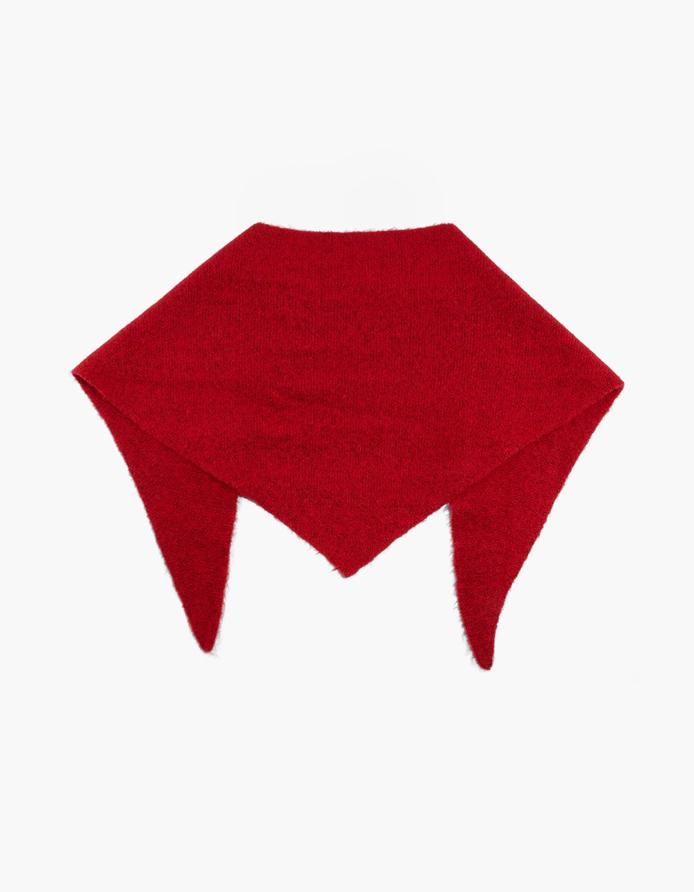 Featuring a red triangular knitted scarf in solid print detail view