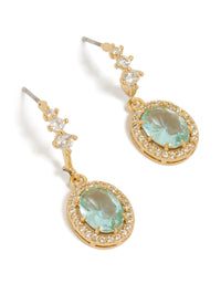Showcasing gold plated blue cubic zirconia oval halo drop earrings with intricate stone settings front view - link has visual effect only
