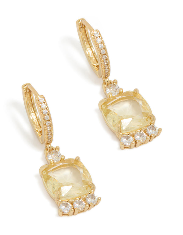 Showcasing gold plated cubic zirconia yellow square drop huggie earrings with hoop closure in clear front view