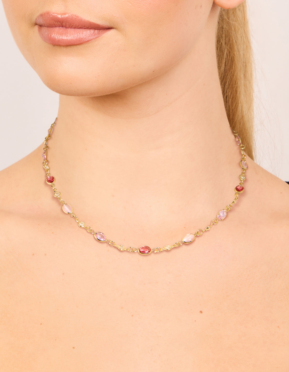 Gold Plated Pink Cubic Zirconia Ovals Necklace