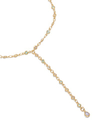 Showcasing a gold plated cubic zirconia blue circle detail Y-necklace with dainty style close up view - link has visual effect only