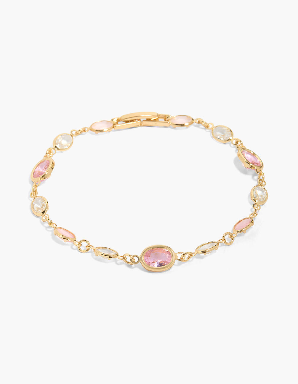Showcasing a gold plated pink cubic zirconia large teardrops bracelet with oval stone cut in statement style front view