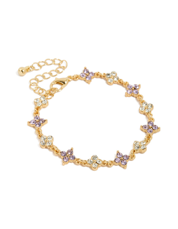 Showcasing a floral bracelet crafted from gold plated materials with cubic zirconia in purple front view