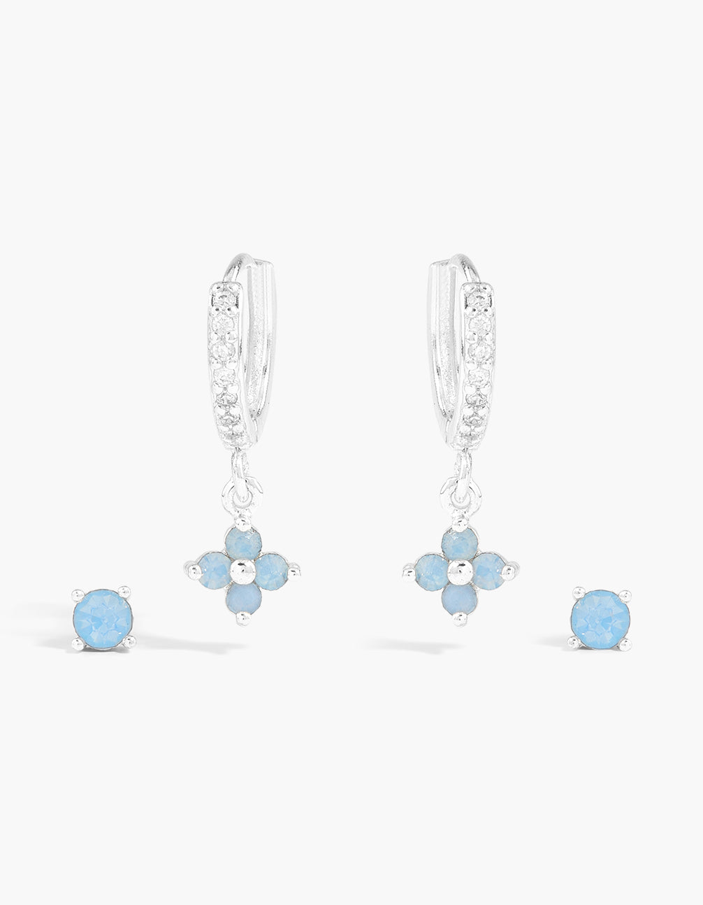 Silver Plated Pastel Blue Cubic Zirconia Flower & Stud Earrings 2-Pack