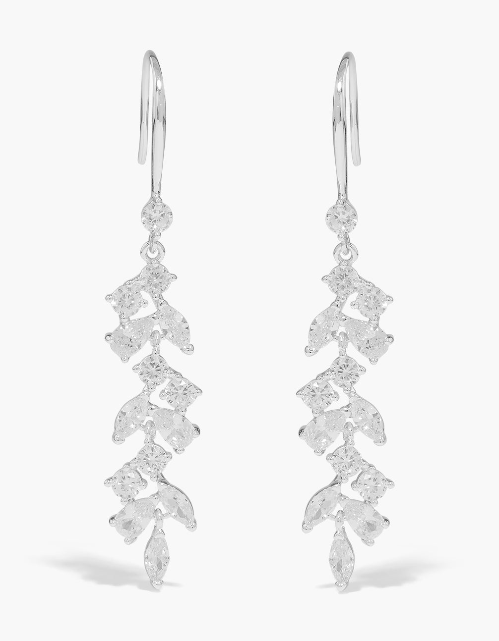 Showcasing mini drop earrings with vine design featuring cubic zirconia in plated silver front view