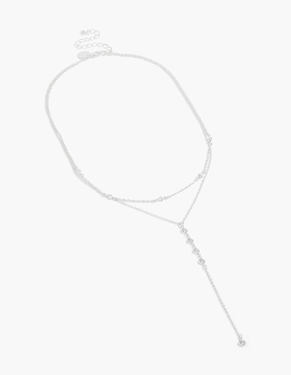 Featuring a cubic zirconia layered Y-necklace in plated material and silver front view