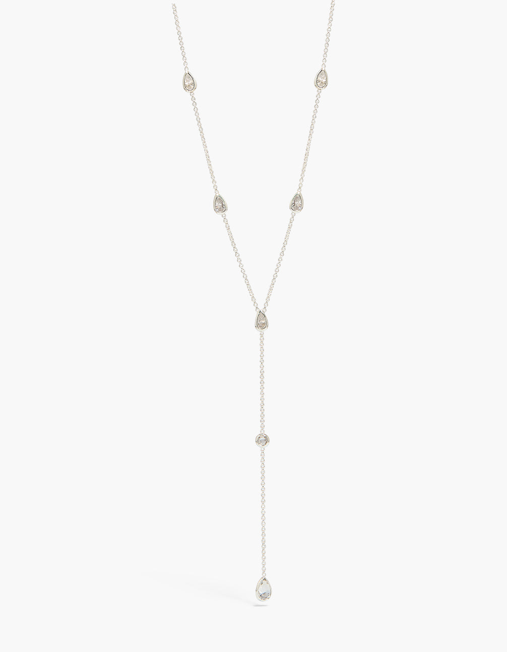 Showcasing a silver plated cubic zirconia lariat Y-necklace with pendant in dainty style front view