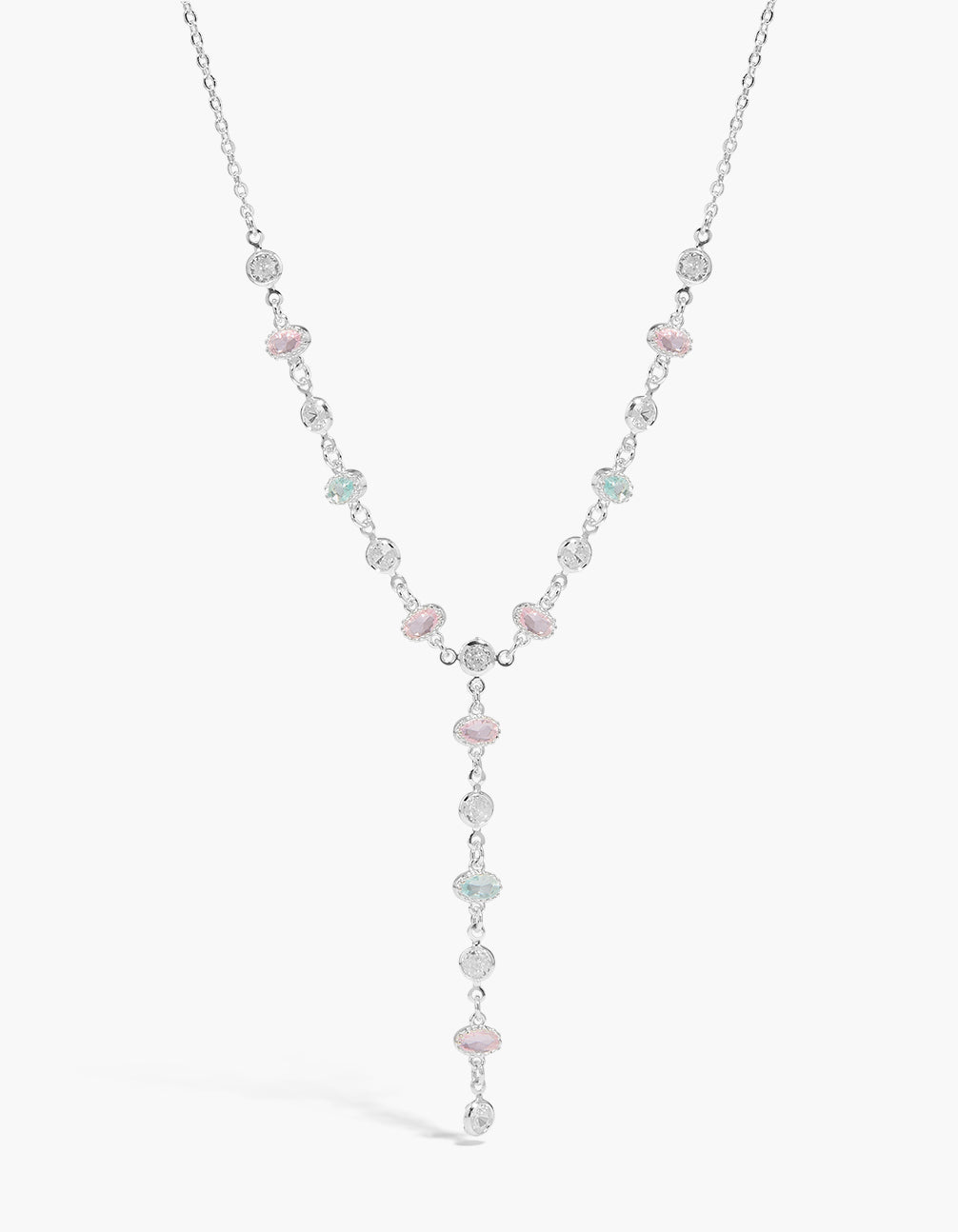Showcasing a silver plated mixed cut diamantes Y-necklace with dainty styling front view