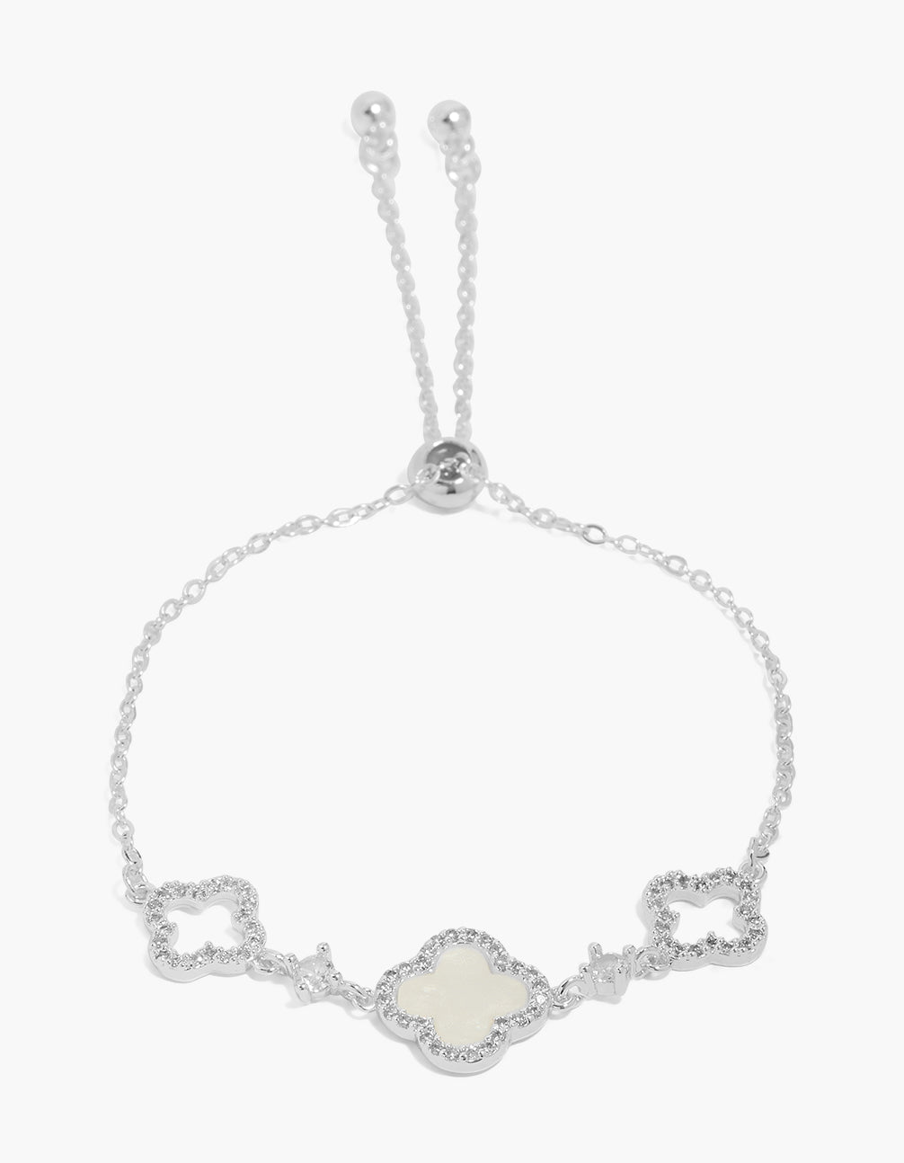 Showcasing a floral cubic zirconia trio inlay toggle bracelet crafted from silver plated material in ivory tones front view