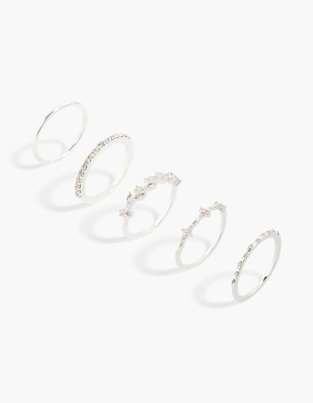 Showcasing a five-pack of silver plated rings featuring floral vine designs with cubic zirconia crystal and dotted accents front view