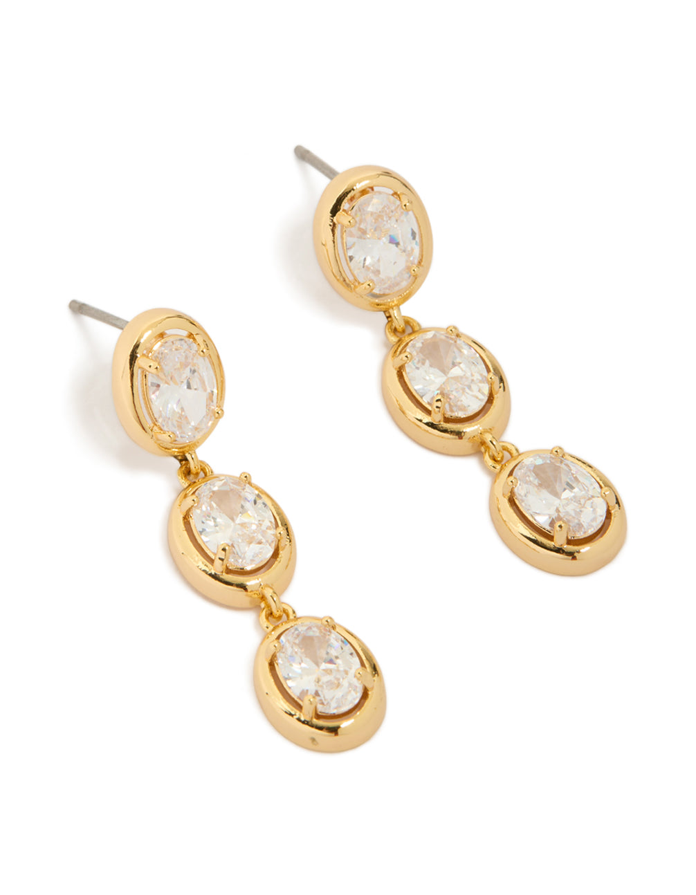 Presenting gold plated cubic zirconia trio oval drop earrings front view
