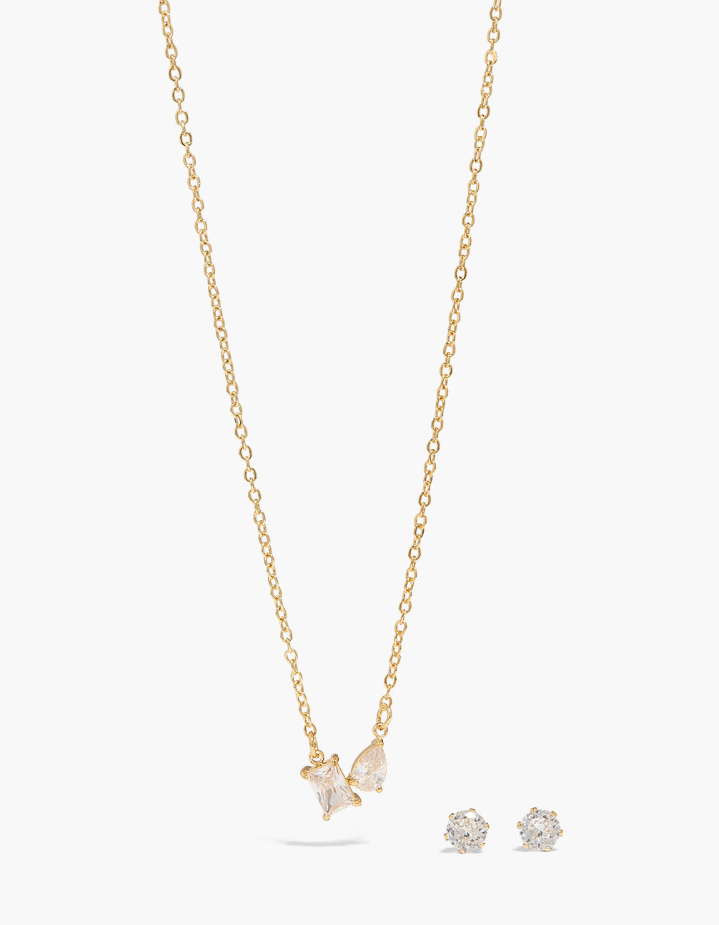 Waterproof Gold Plated Stainless Steel Cubic Zirconia Baguette Necklace & Earrings Set