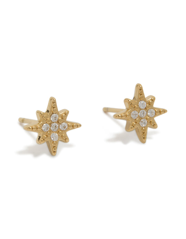 Showcasing celestial starburst stud earrings crafted from gold plated stainless steel with cubic zirconia stones front view