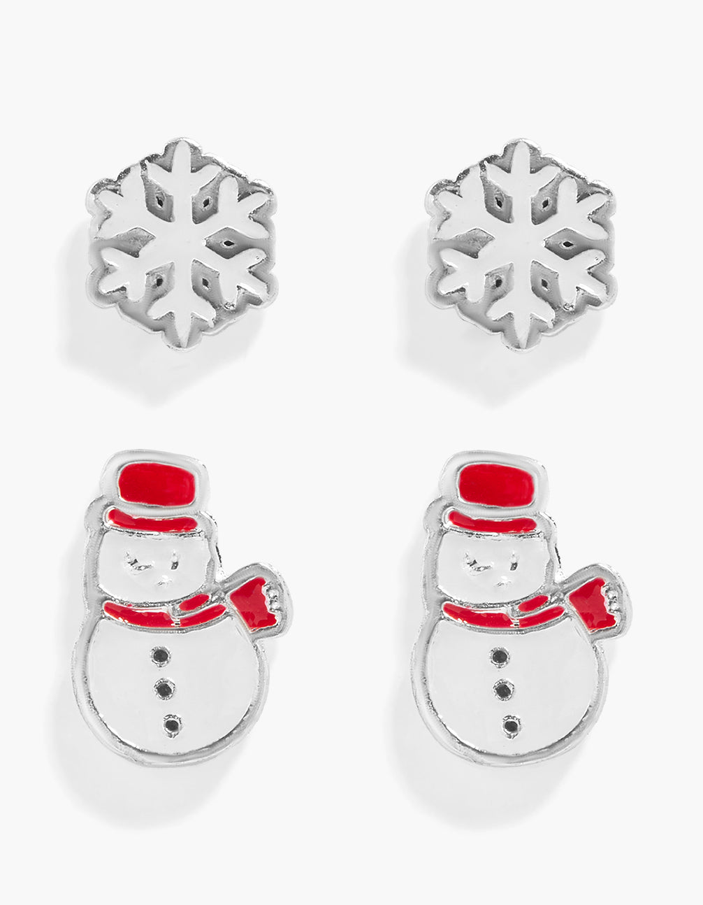 Showcasing waterproof stainless steel snowflake and snowman stud earrings in a 2-pack with enamel detailing, featuring silver, white, red, and black colors front view