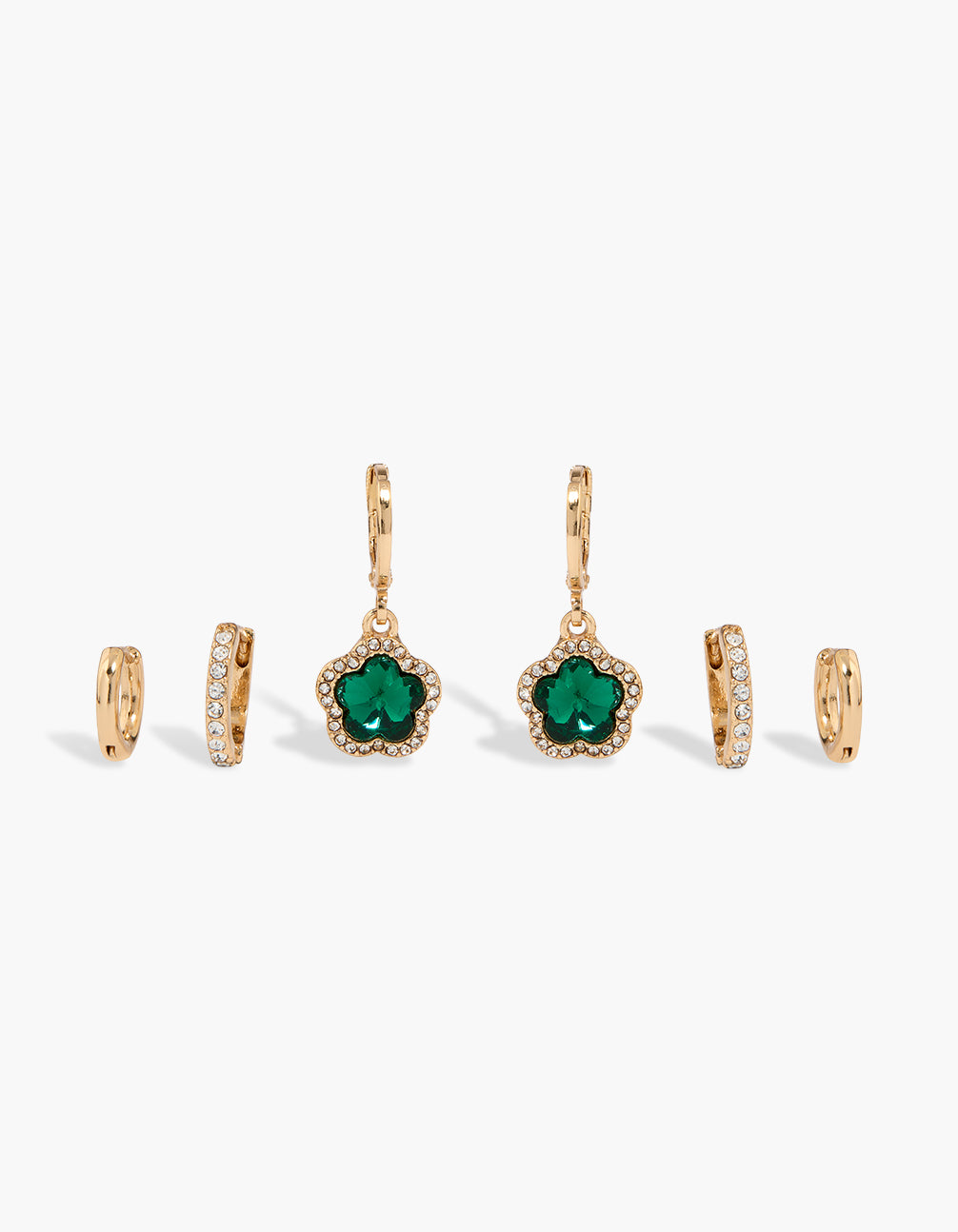 Showcasing dainty hoop and huggie style earrings in a 3-pack with floral design featuring emerald cubic zirconia crystals and clear stones in gold front view