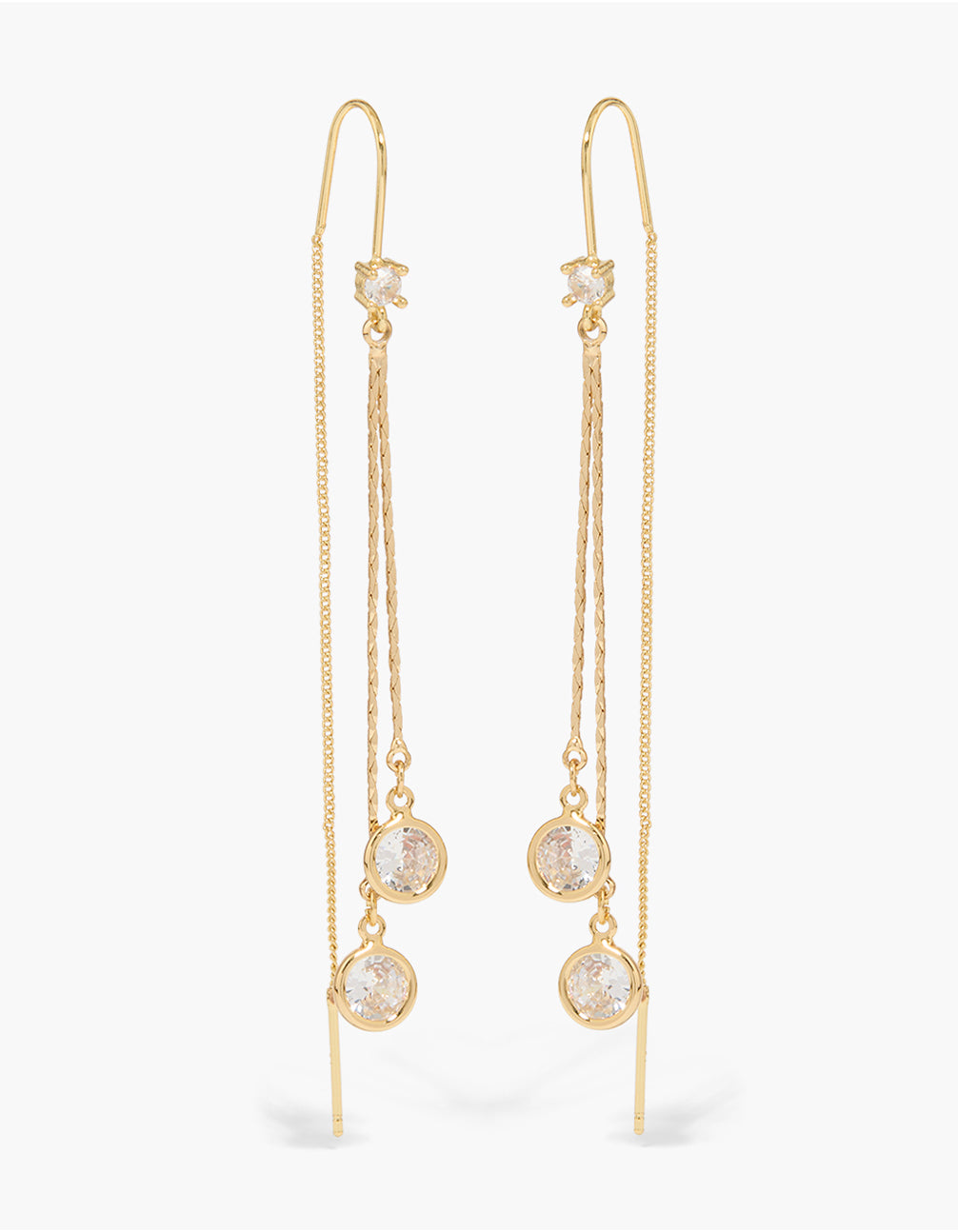 Showcasing gold plated threader earrings with charm featuring round cubic zirconia and double chain design front view