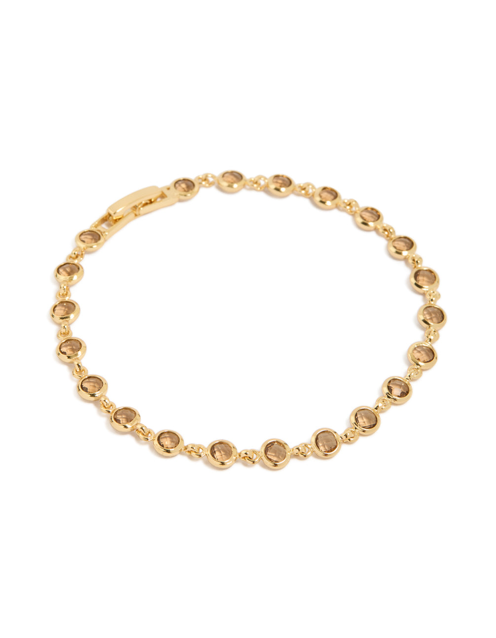 Beautifully crafted gold plated brown cubic zirconia bezel tennis bracelet front view