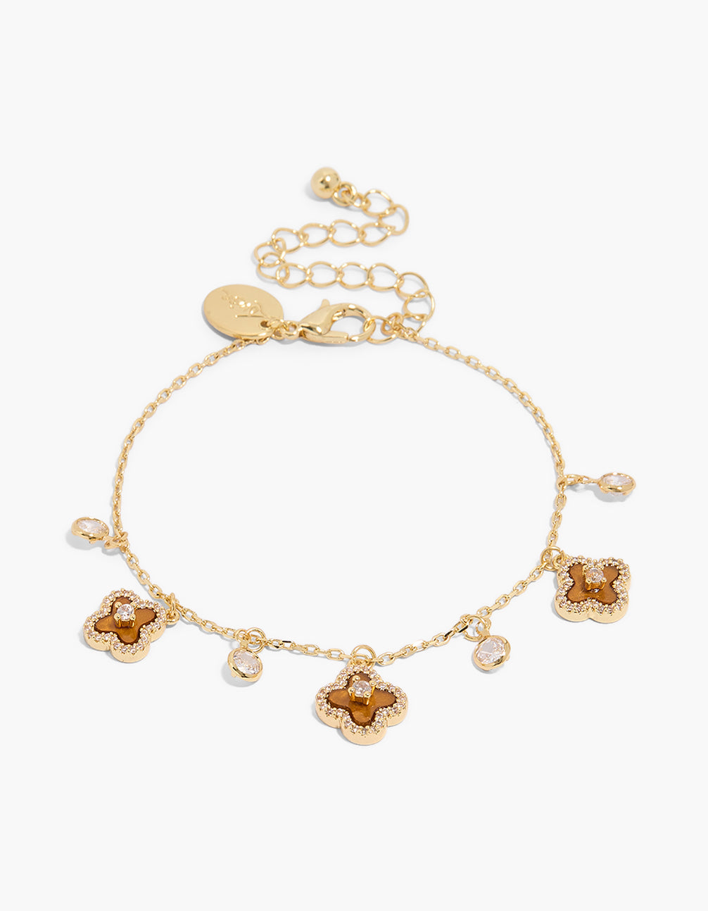 Gold Plated Cognac & Clear  Cubic Zirconia Flower Inlay Charm Bracelet