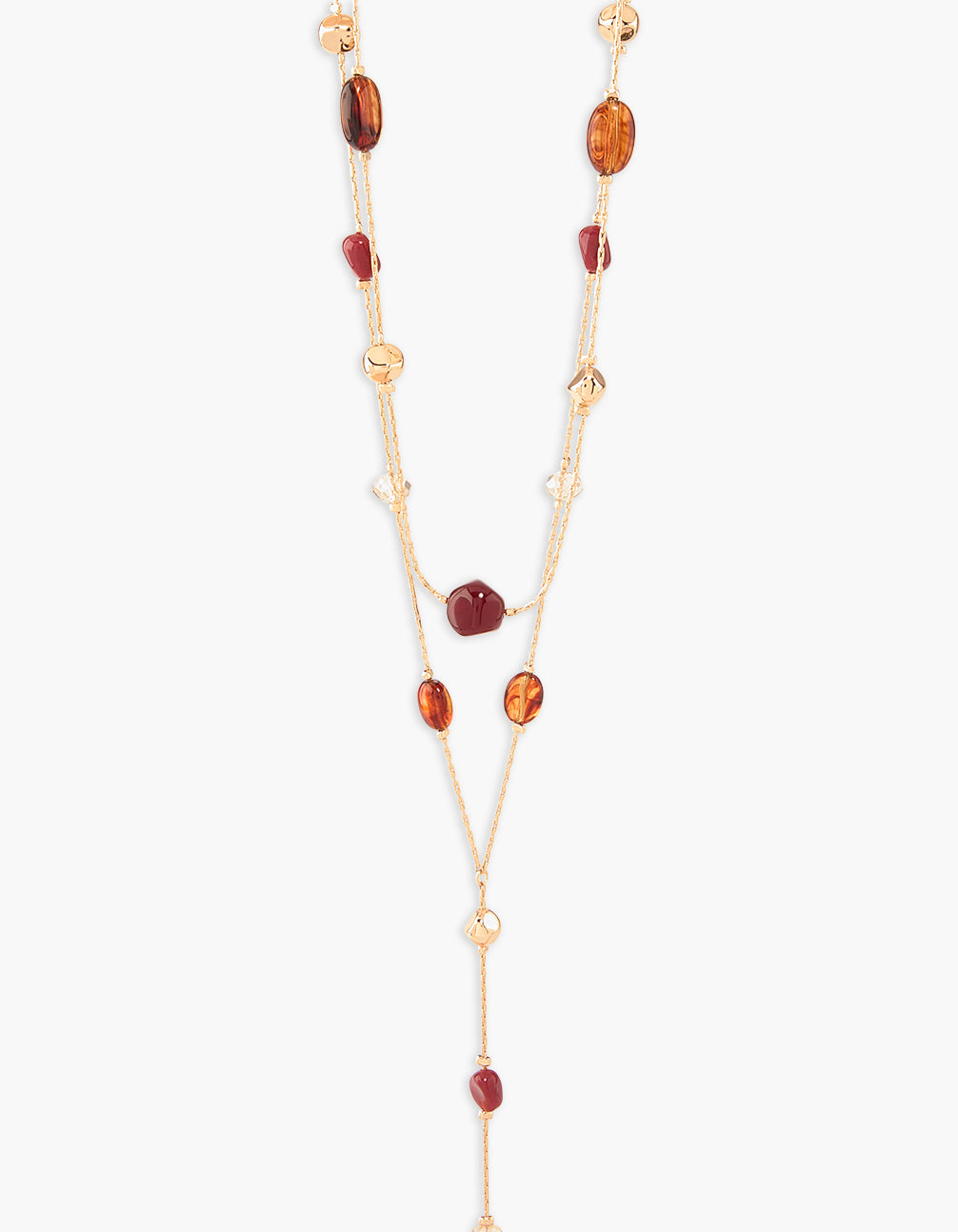 Featuring beaded accents in statement style, this necklace showcases acrylic station design with maroon and brown close up front view
