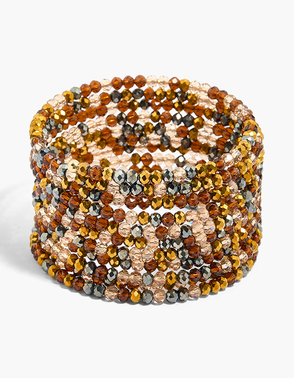Showcasing brown and black beaded stretch bracelets in a 9-pack with gold and peachpuff accents front view