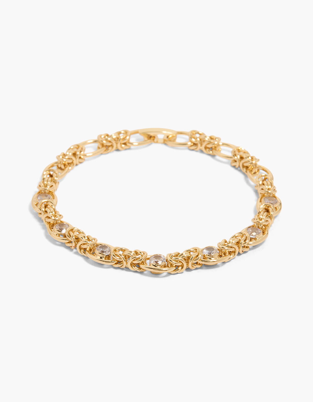 Showcasing a knotted chain bracelet crafted from cubic zirconia and plated with gold front view