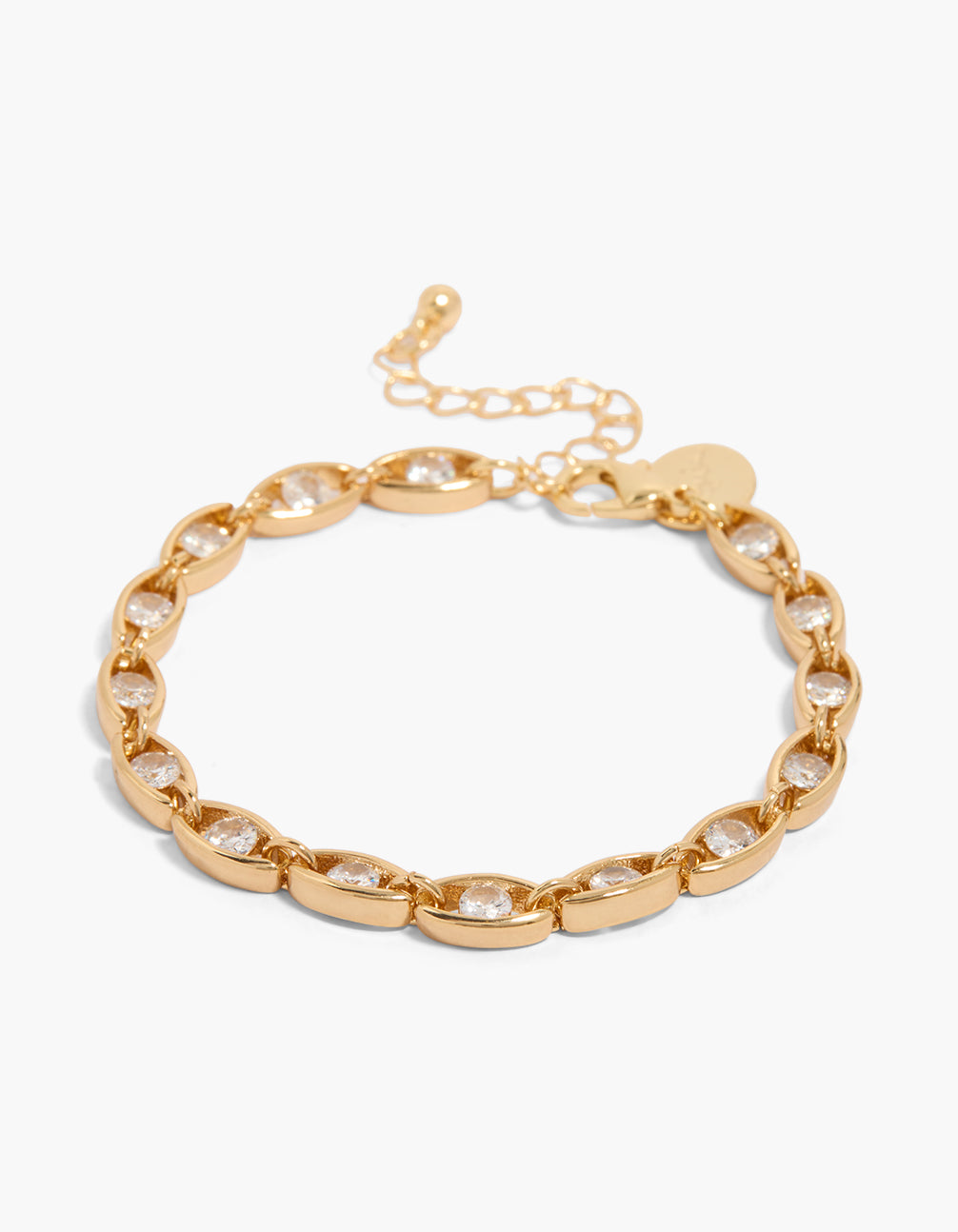 Showcasing a gold plated marquise cubic zirconia chain bracelet with dainty statement design in clear front view