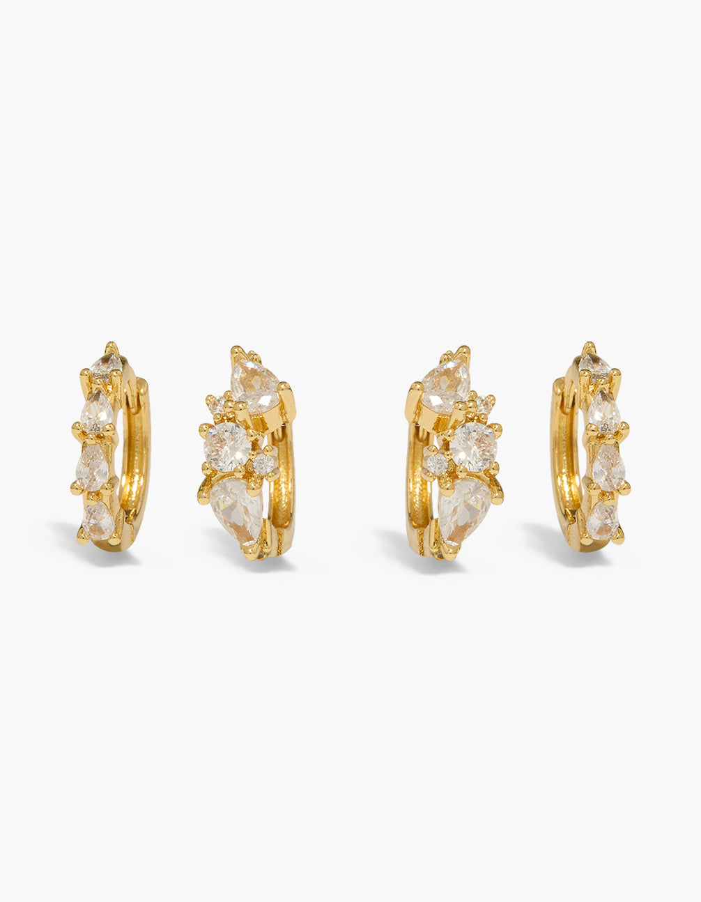 Showcasing gold plated cubic zirconia cluster earrings in a 2-pack with crystal embellishments and huggie closure front view